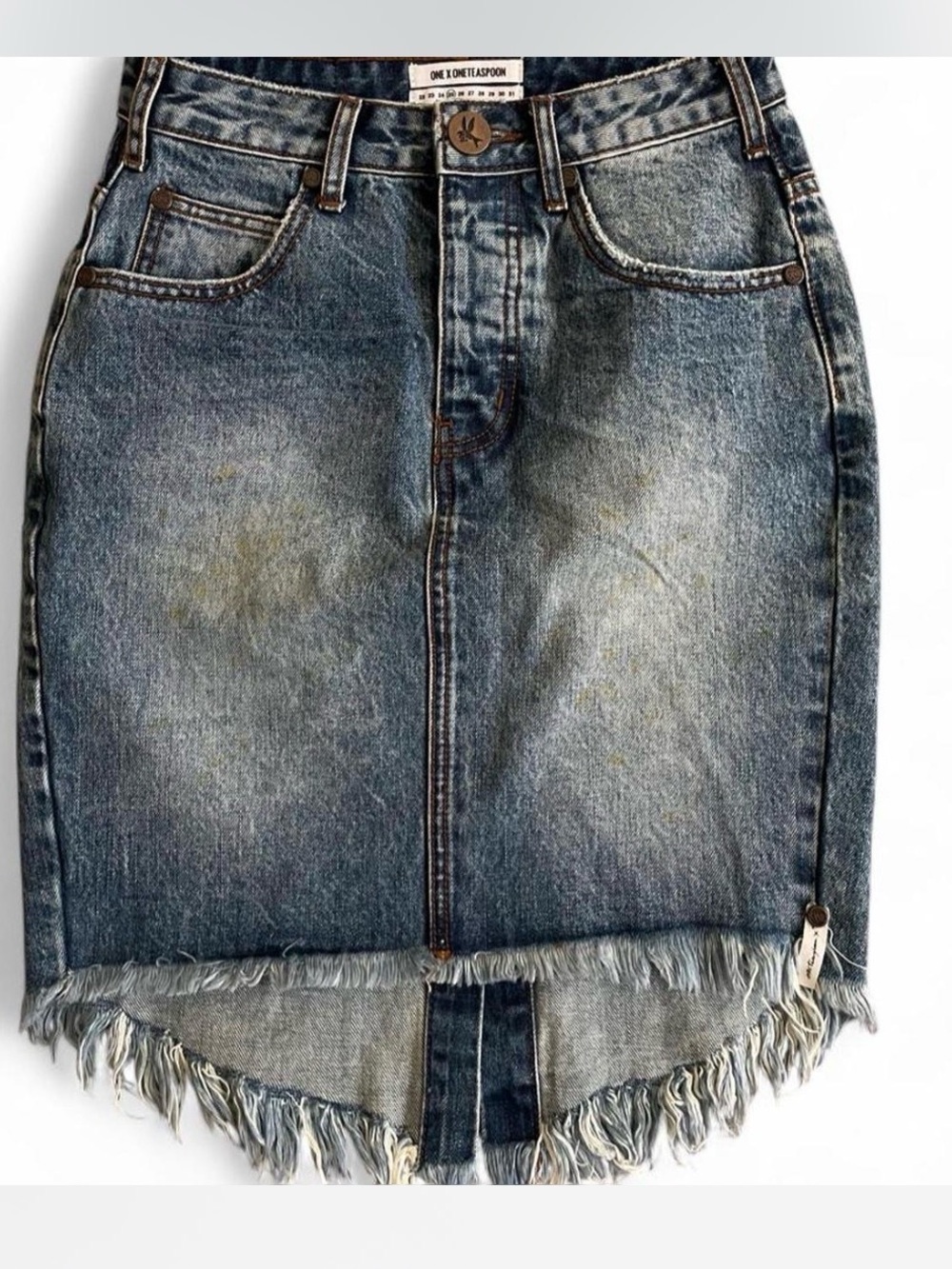 One Teaspoon Distressed Blue Denim High-Low Frayed Hem Skirt
